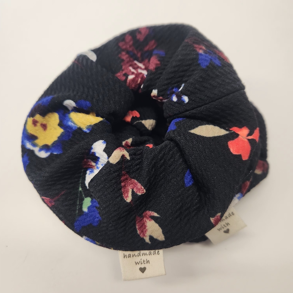 Upcycled Earth Frendly Floral Black Hair Scrunchie, Handmade